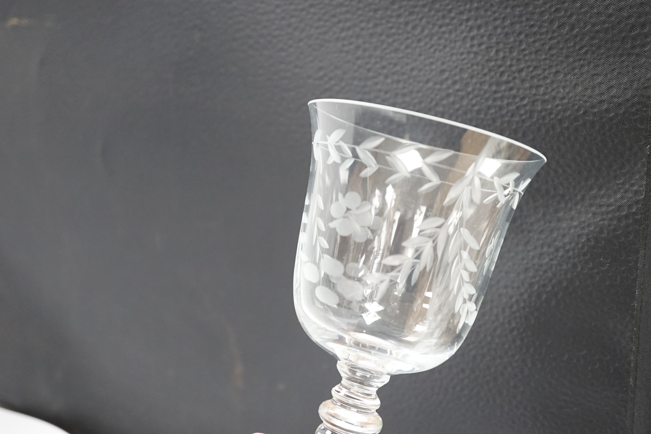 A set of six etched wine glasses, 20.5cm. Condition - good